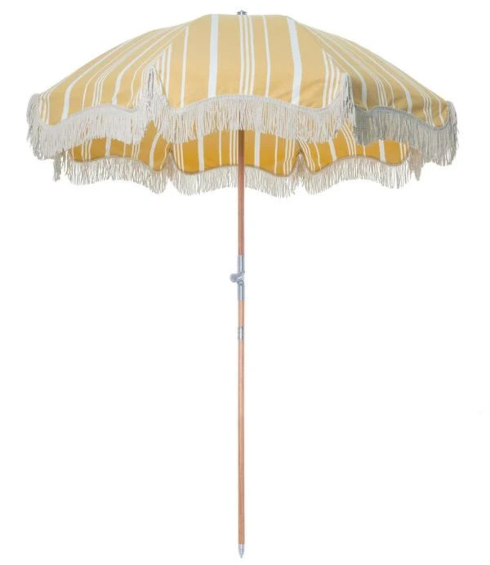 Business & Pleasure Co. Premium Beach Umbrella Vintage Yellow Stripe Fringe NWT